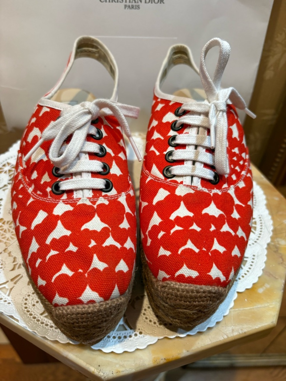 STELLA McCARTHY Red & Ivory Canvas Espadrille Lace-Up Shoes - Picture 1 of 11